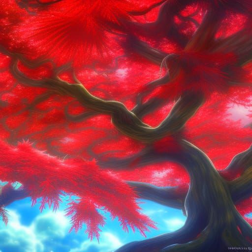 Japanese Fairytale Red Maple Tree in Ghibli Style