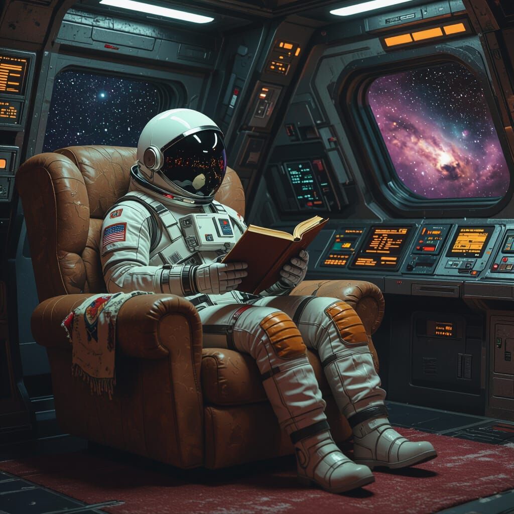 Astronaut Reading in Retro Sci-Fi Lounge