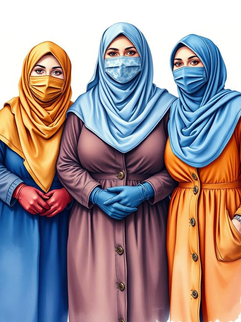 Vibrant Watercolor Portrait of Three Hijab-Clad Women