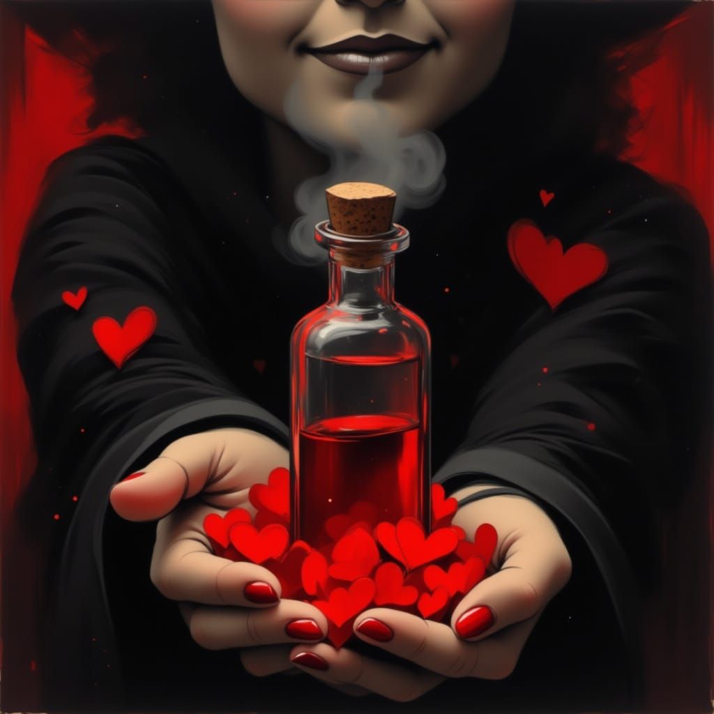 Witch Holds Red Love Potion Vial with Hearts and Smoke