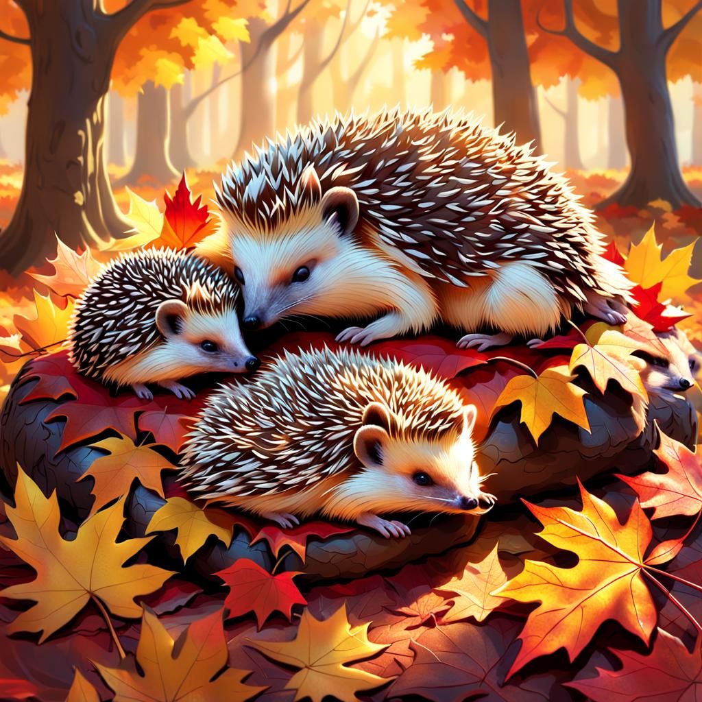 Sleeping Hedgehogs in Autumn Forest: Digital Matte Painting