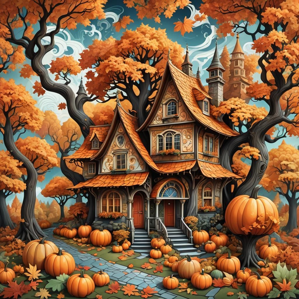 Magical Autumn House Digital Illustration