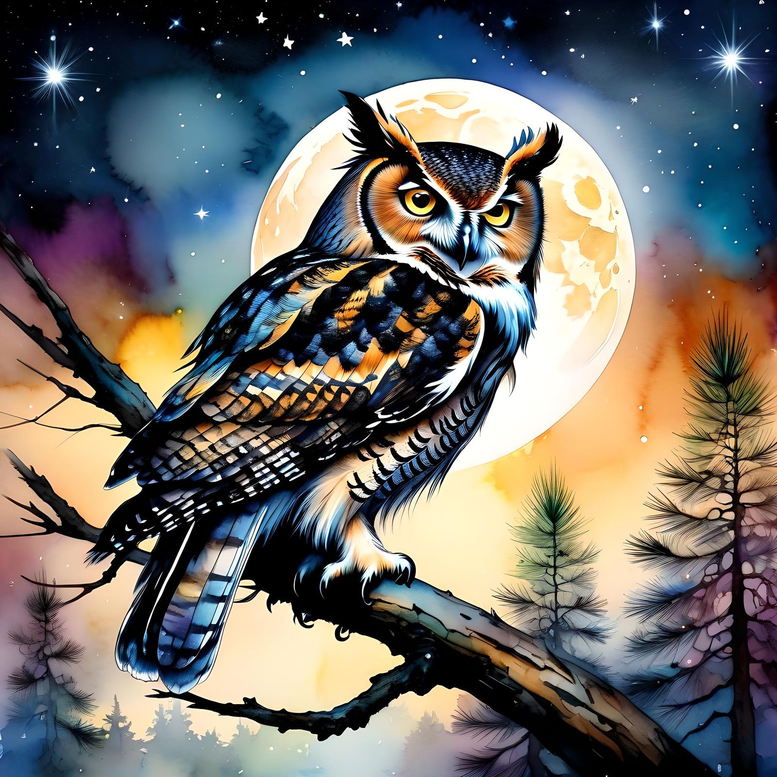 Night Owl on Pine Branch in Watercolor Style
