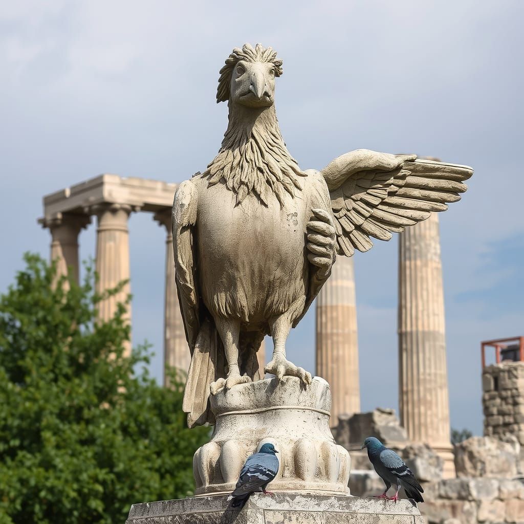Tattered General Statue in Ruins Surrounded by Pigeons