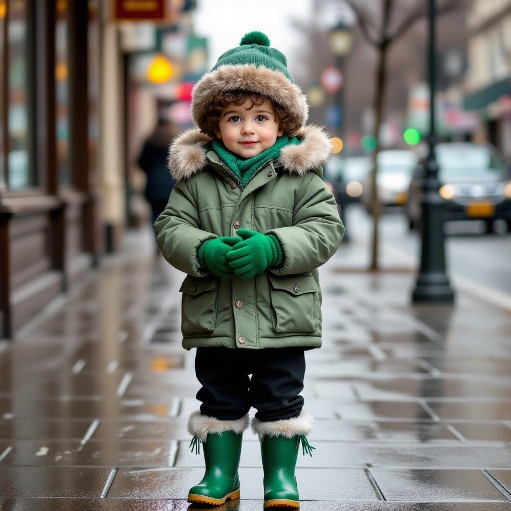 Adorable Haredi Boy in Green Jacket on Rainy Sidewalk