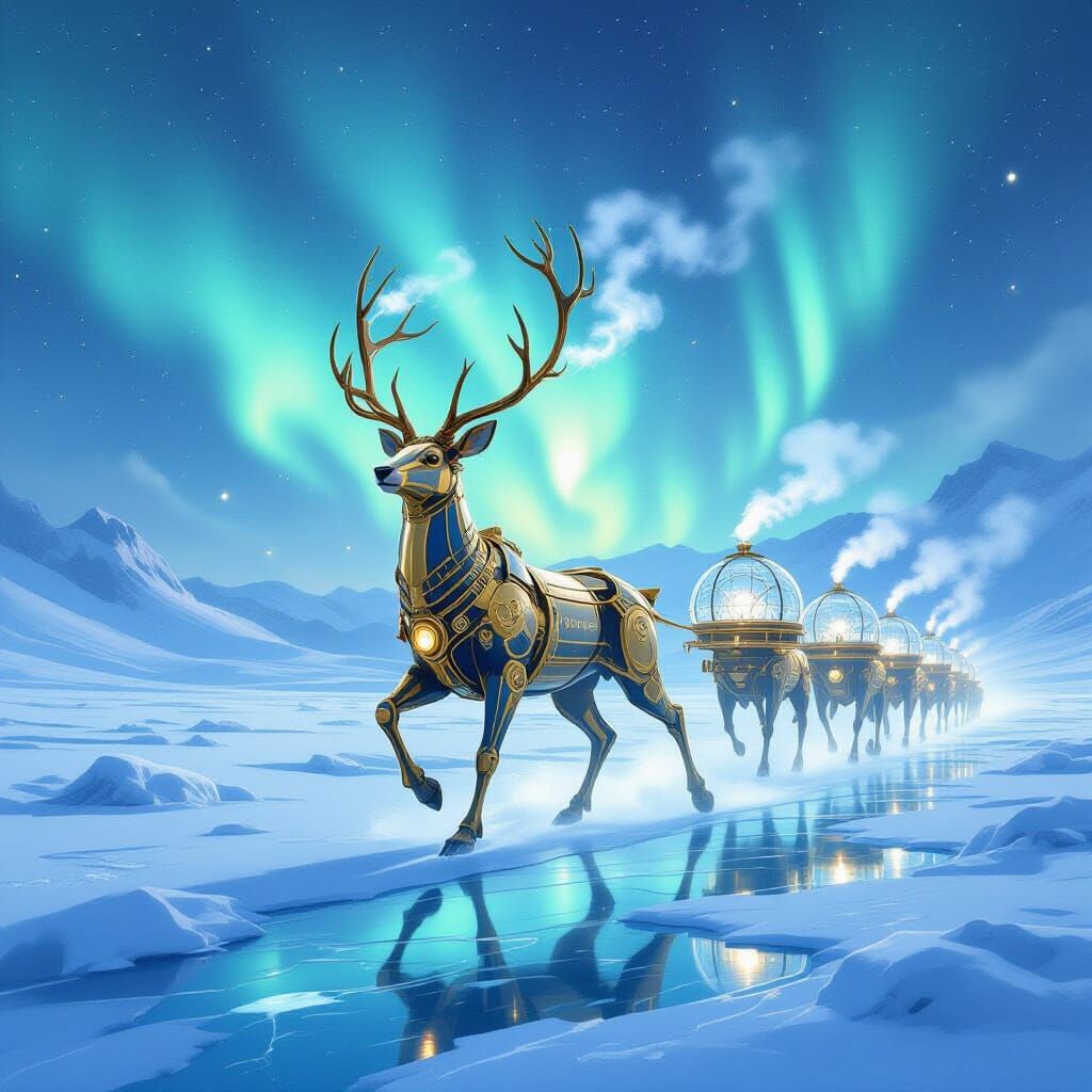 Mechanical Stag in Aurora Sky, Watercolor Impressionist Styl...