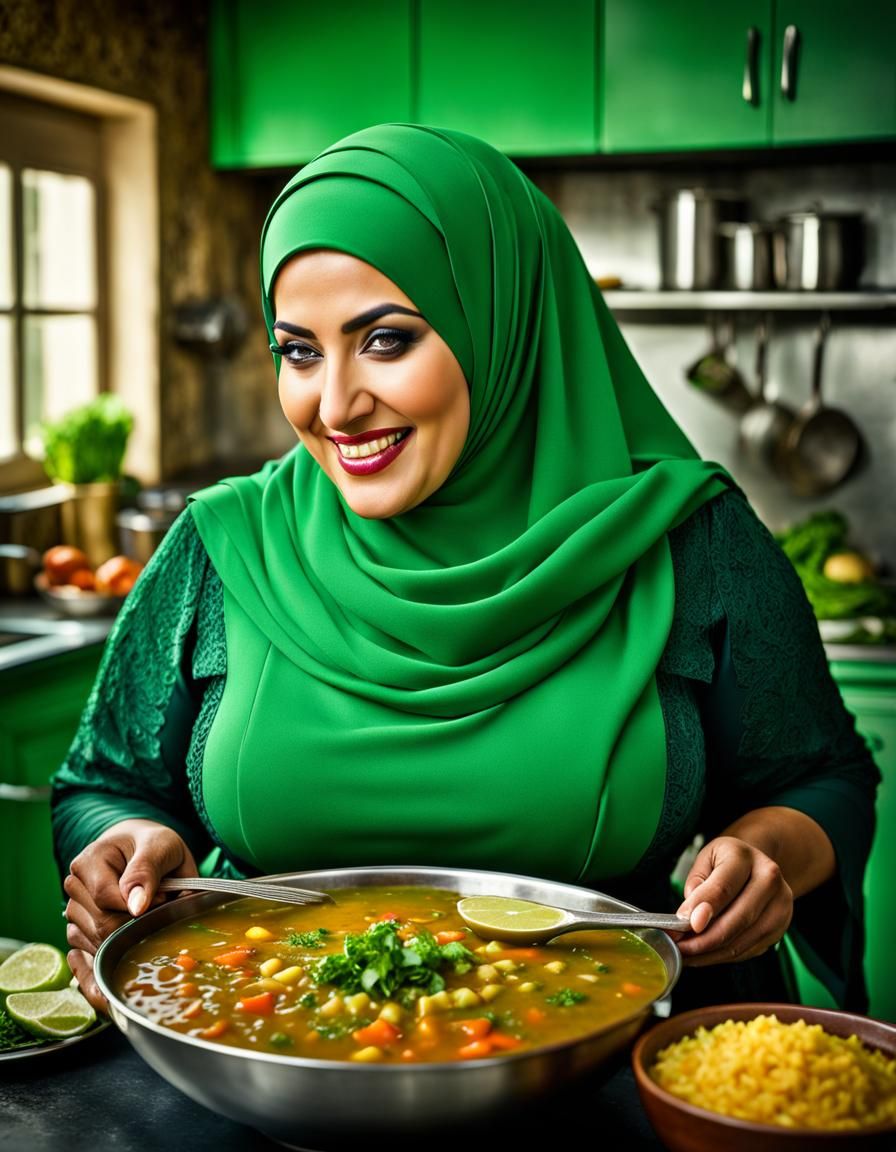 Beautiful Hijabi Woman Enjoys Soup in 50s Kitchen