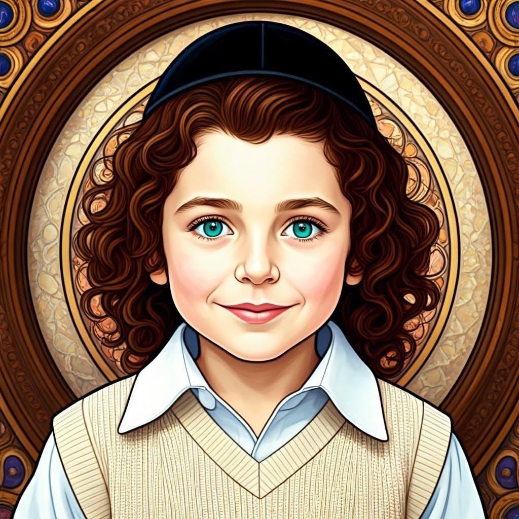 Surreal Stained Glass Portrait of a Haredi Boy in Ethereal L...