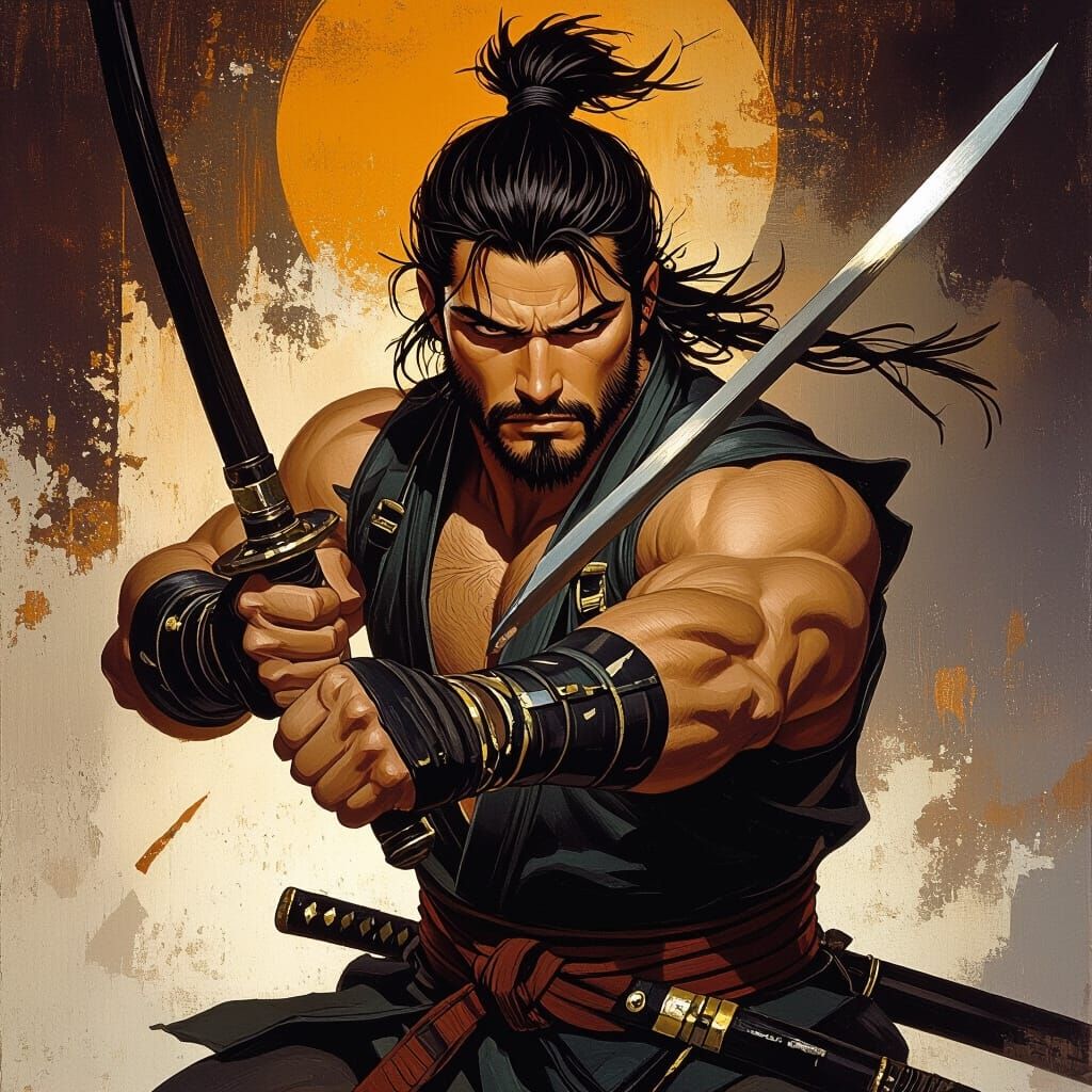 Caucasian Warrior Wielding Naginata in Fantasy Art Style