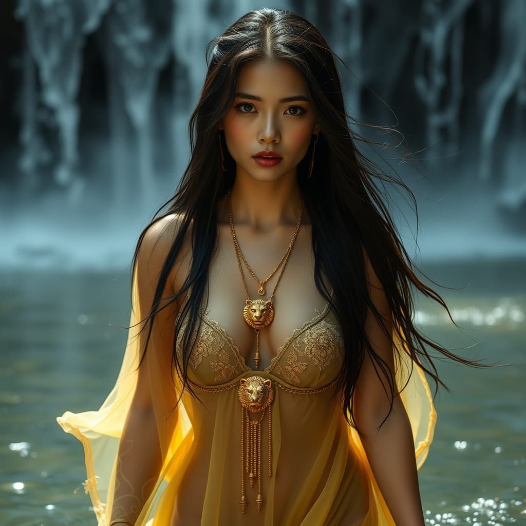 Ethereal Vietnamese Waterfall Goddess in Yellow Gown