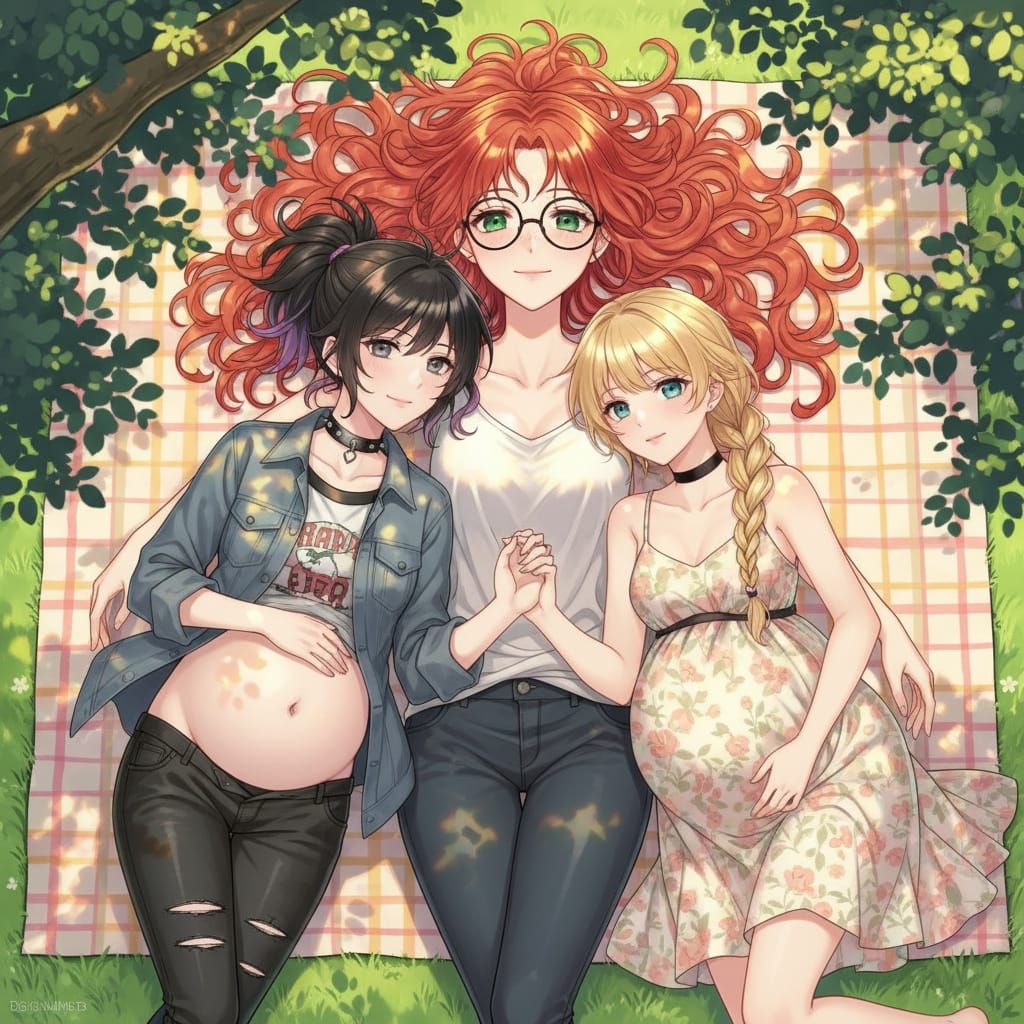 Shoujo Anime Picnic: Two Pregnant Wives and Red-Haired Woman