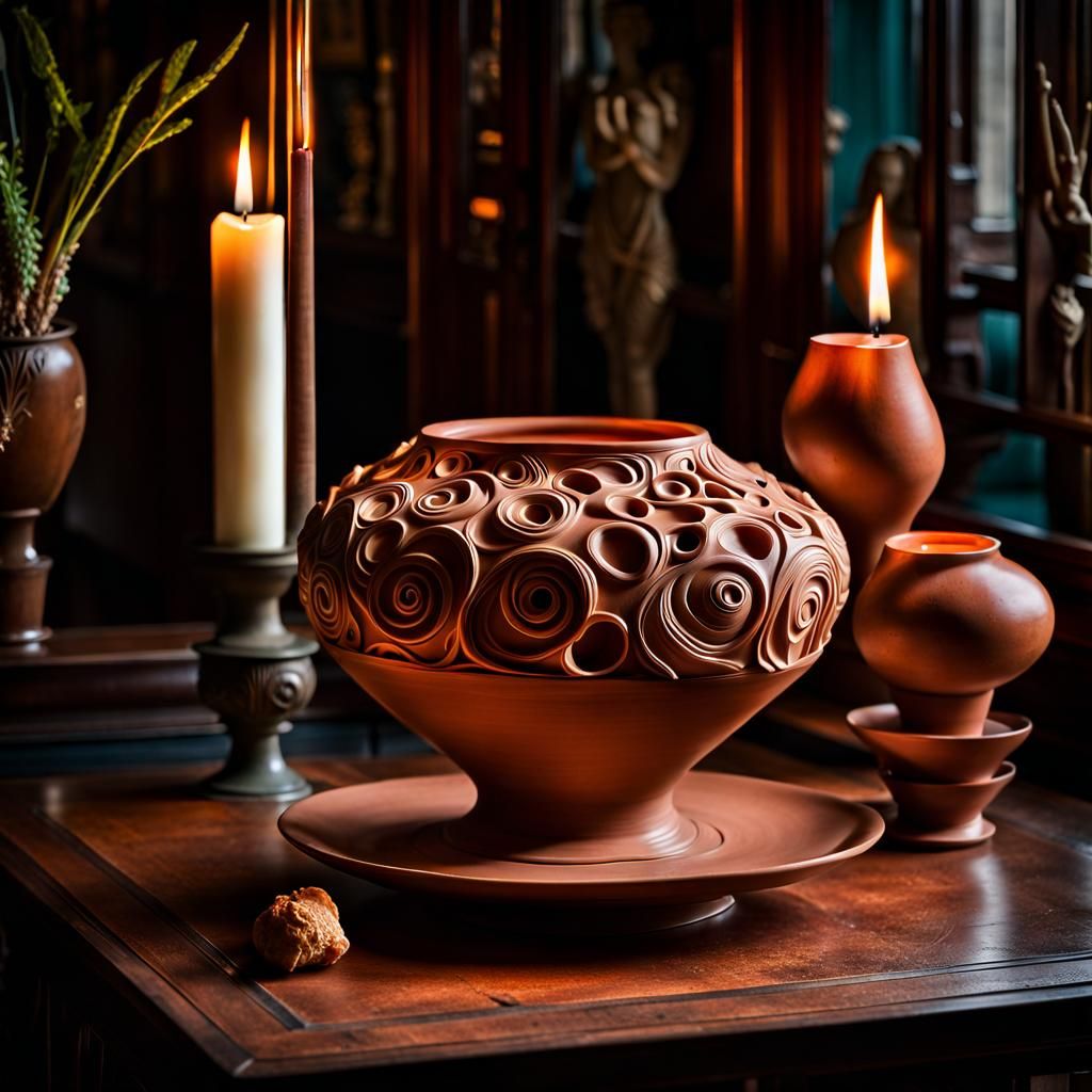 Ornate Clay Pottery with Candle, Hyperrealistic Digital Art