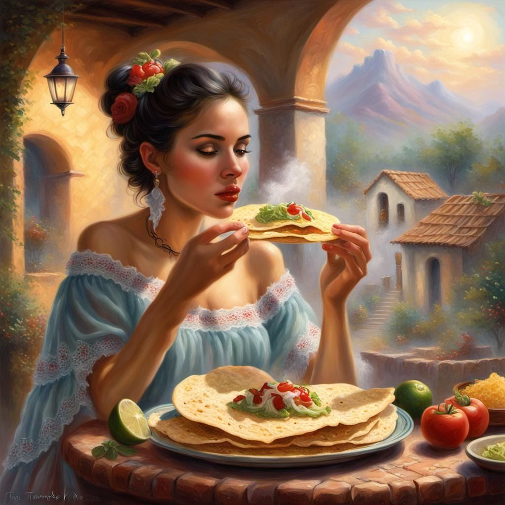 Ethereal Mexican Woman Eating Tostadas
