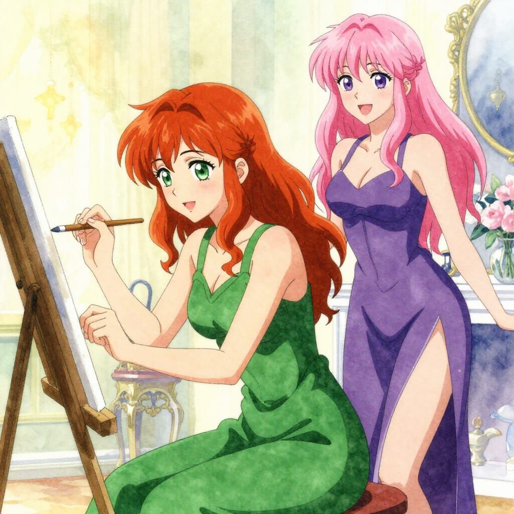 Anime Style Studio Scene: Two Women Painting Joyfully