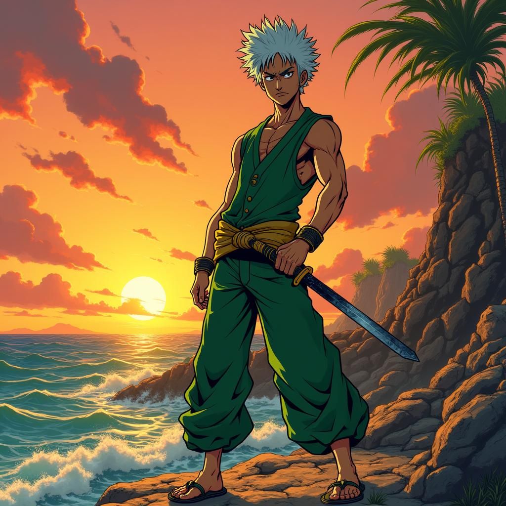 Heroic Swordsman at Sunset in Anime Style