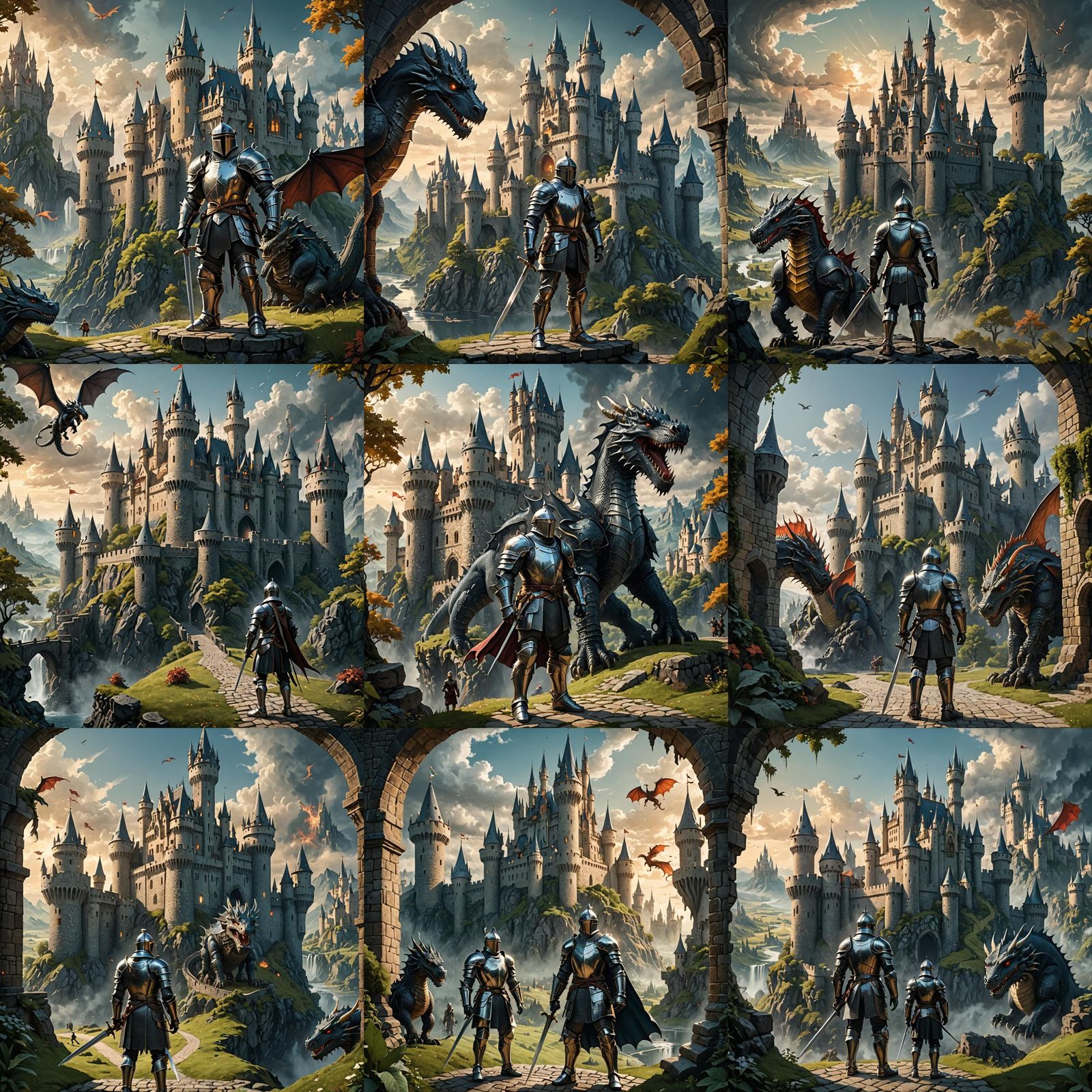 Knight, Dragon, and Castle in Fantasy World