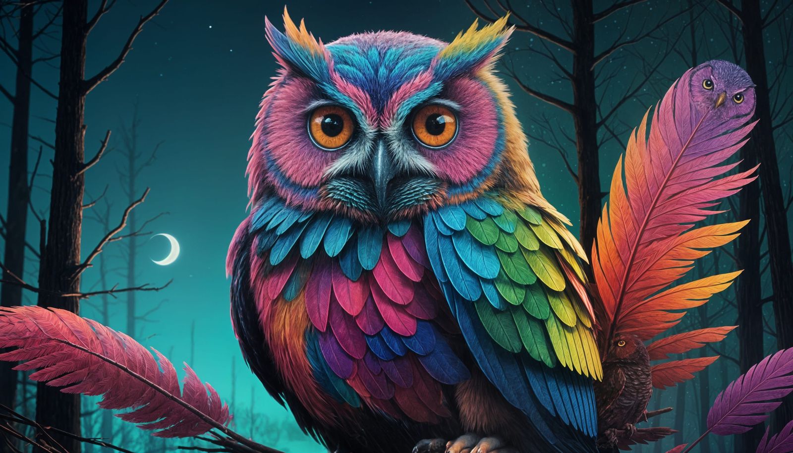 Vibrant Rainbow Owl on a Dark Background