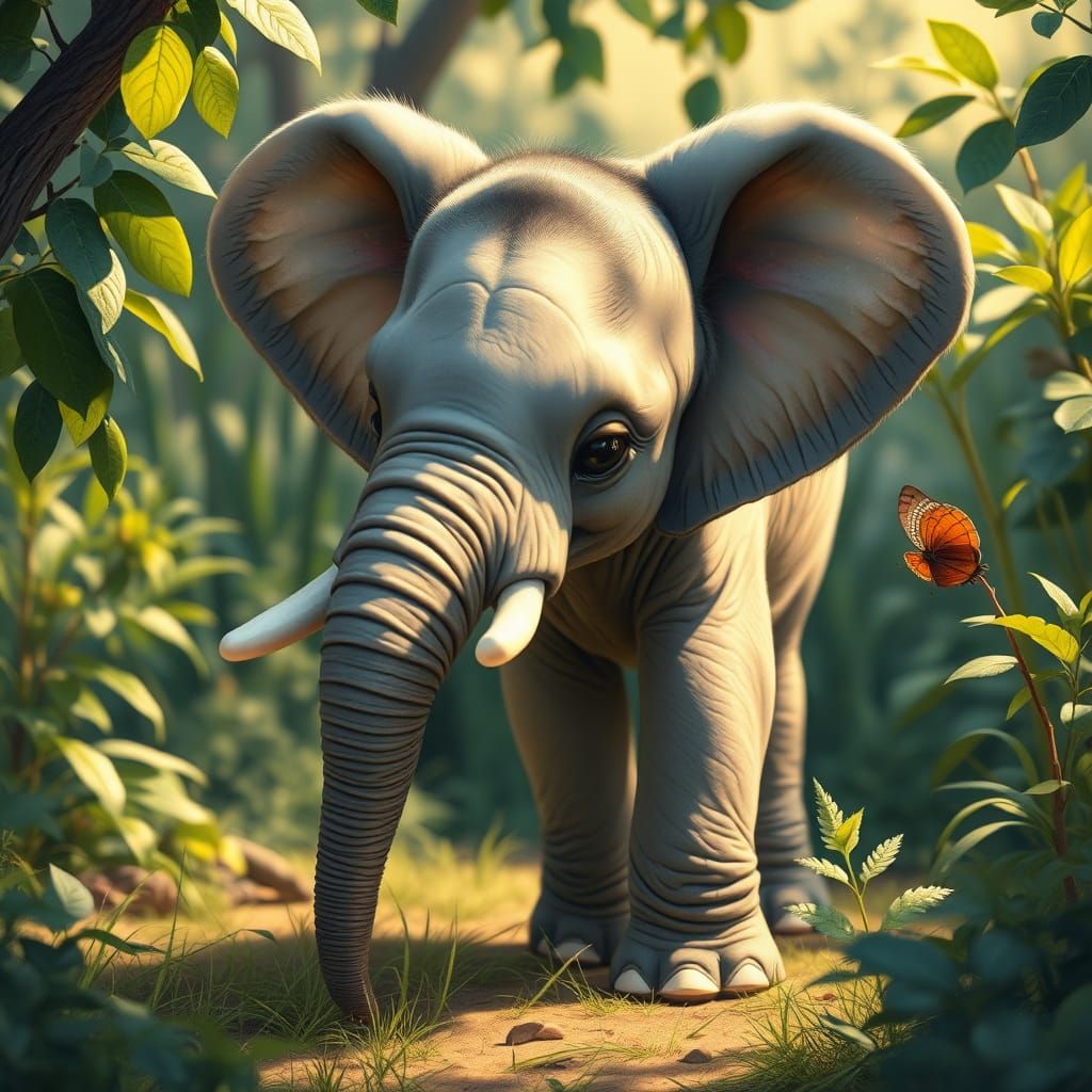 Whimsical Elephant Calf in Lush Greenery
