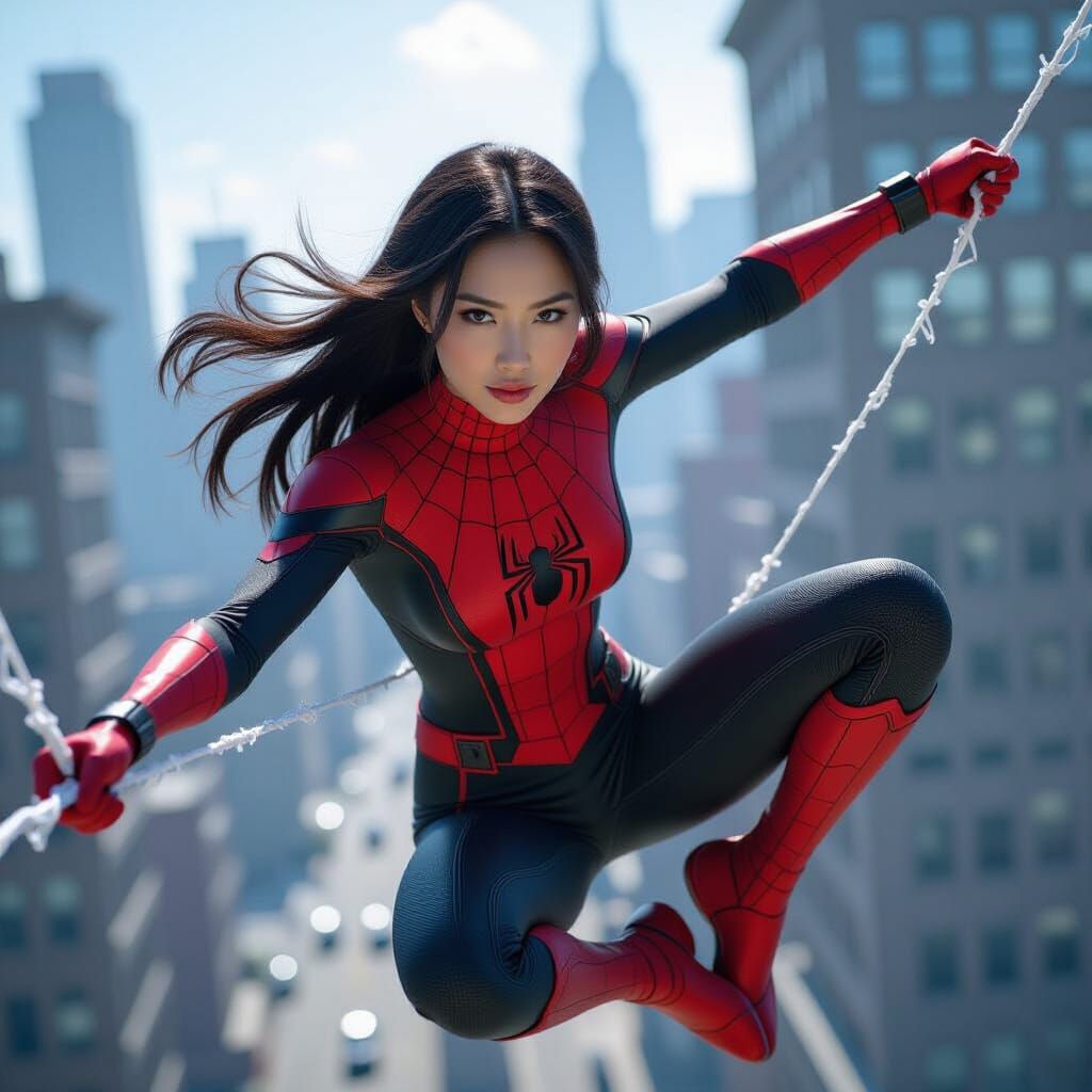Asian Woman as Spiderman in Sleek Black Suit