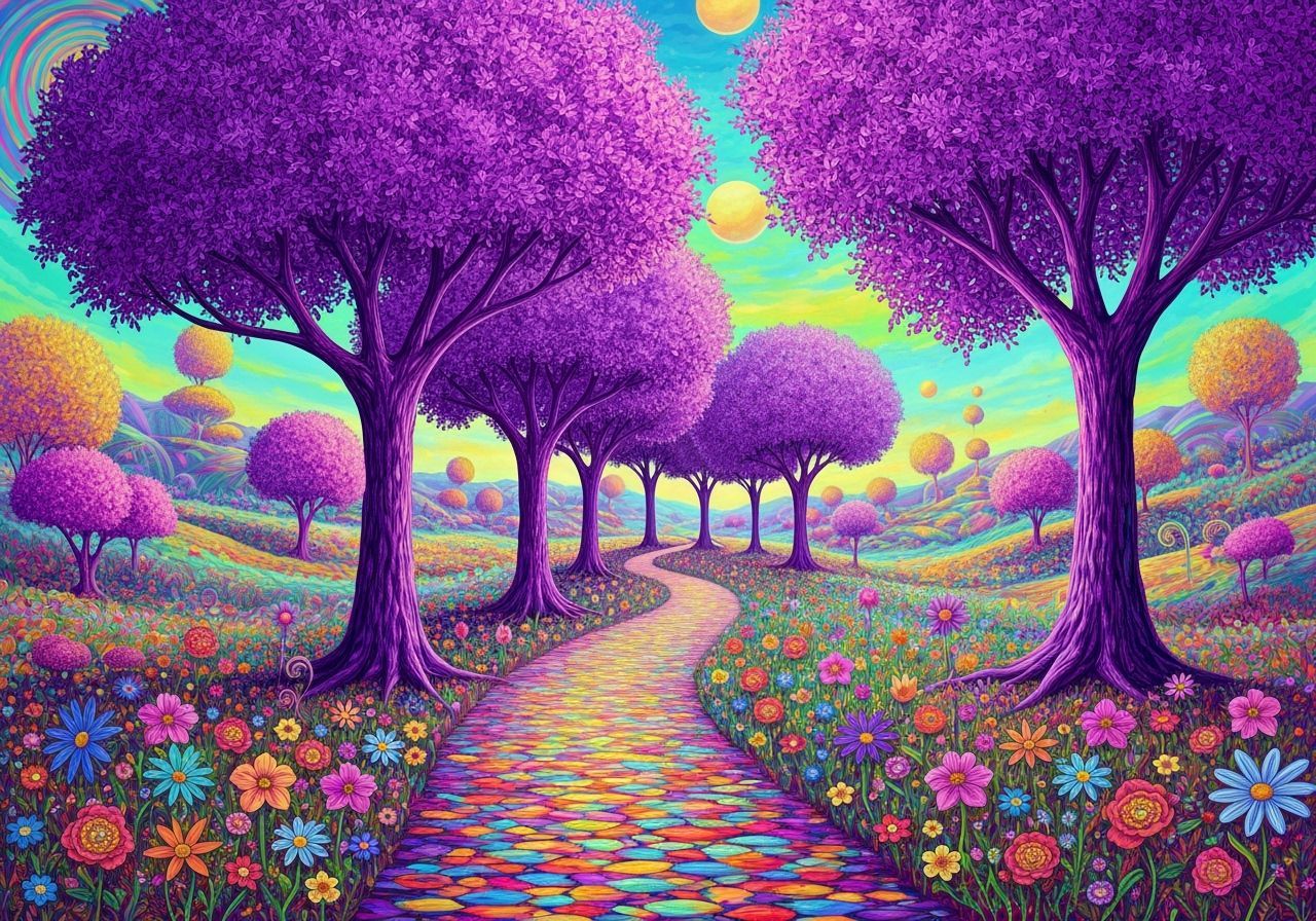 Whimsical Landscape Path with Purple Trees and Flowers