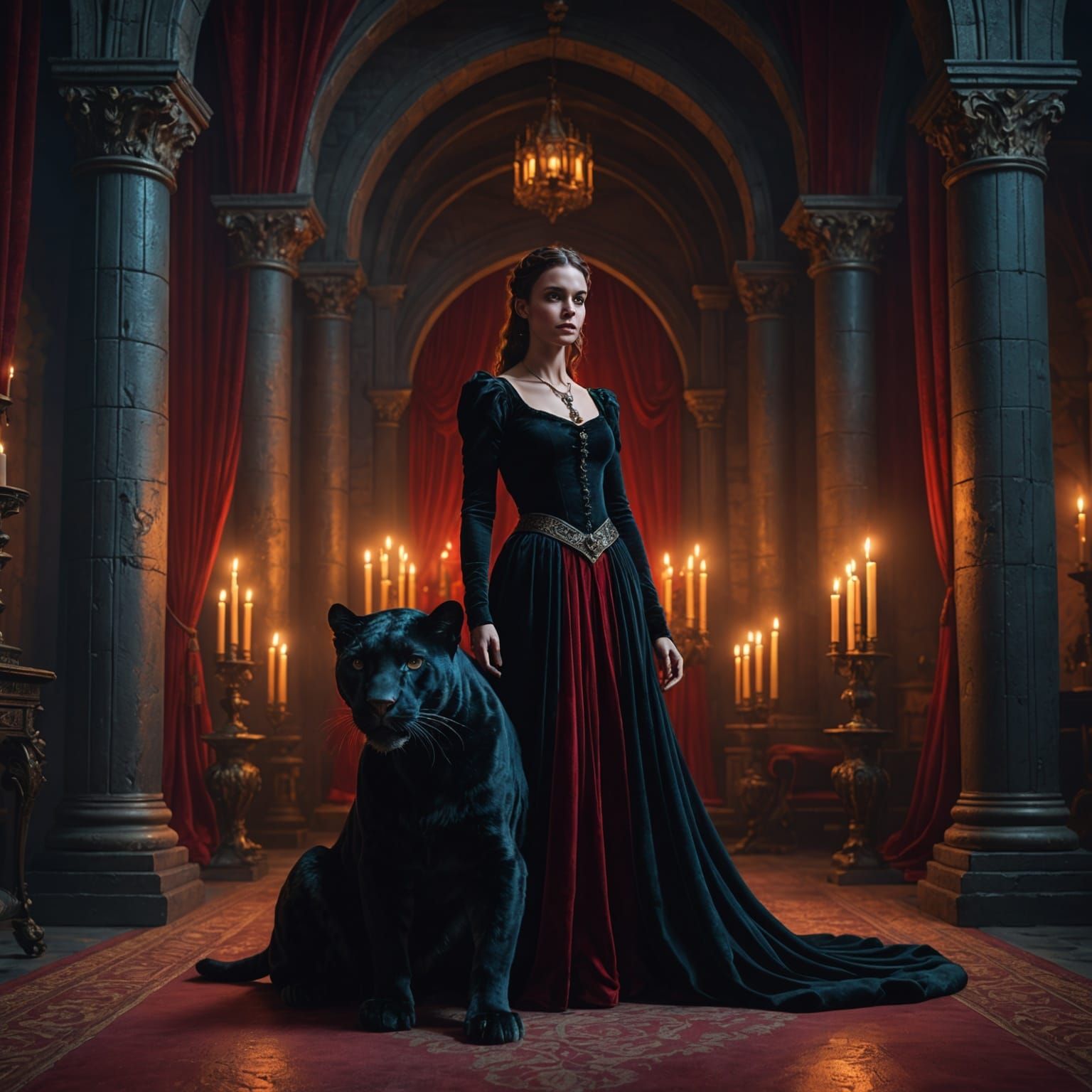 Woman and Panther in Mystical Castle
