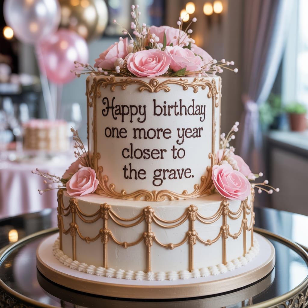 Ornate Birthday Cake with Dark Humor Frosting