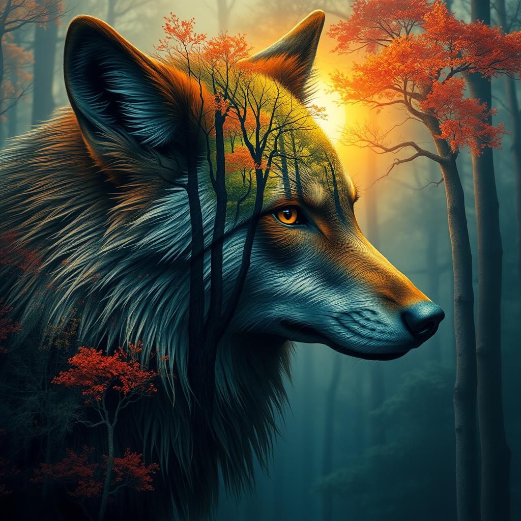 Wolf and Forest Surreal Morph Portrait