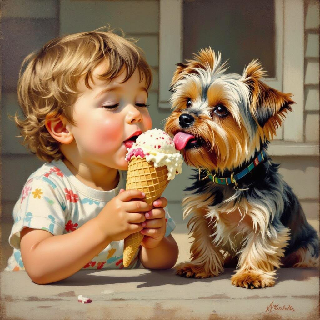 Child and Pup Share Ice Cream, Rockwell Style