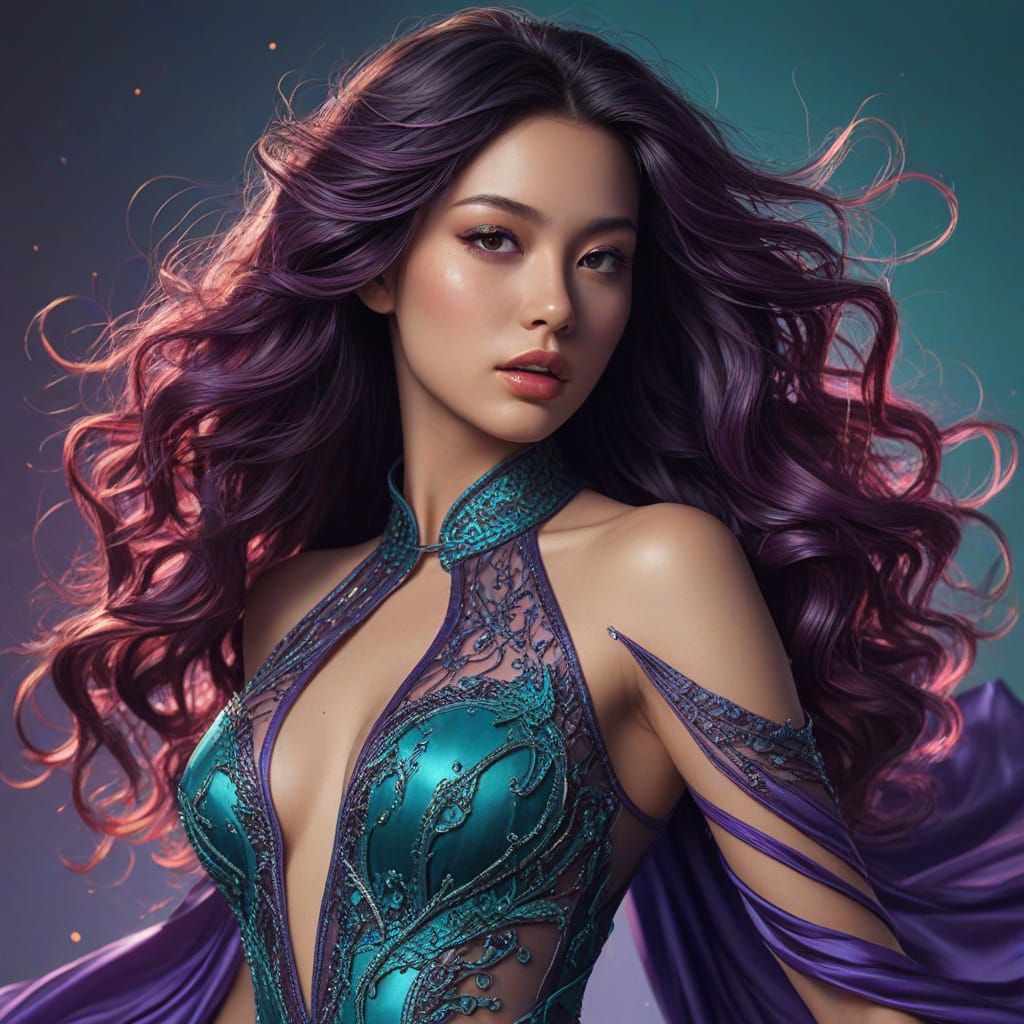 Exotic Asian Seductress in Purple Gown with Cyan Hair