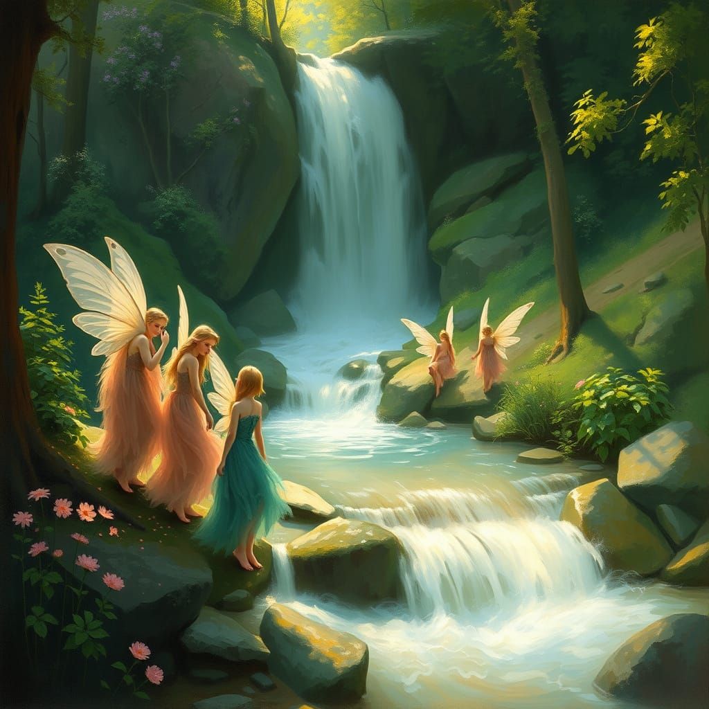 Fairies Gather Around Enchanted Waterfall in Impressionist P...