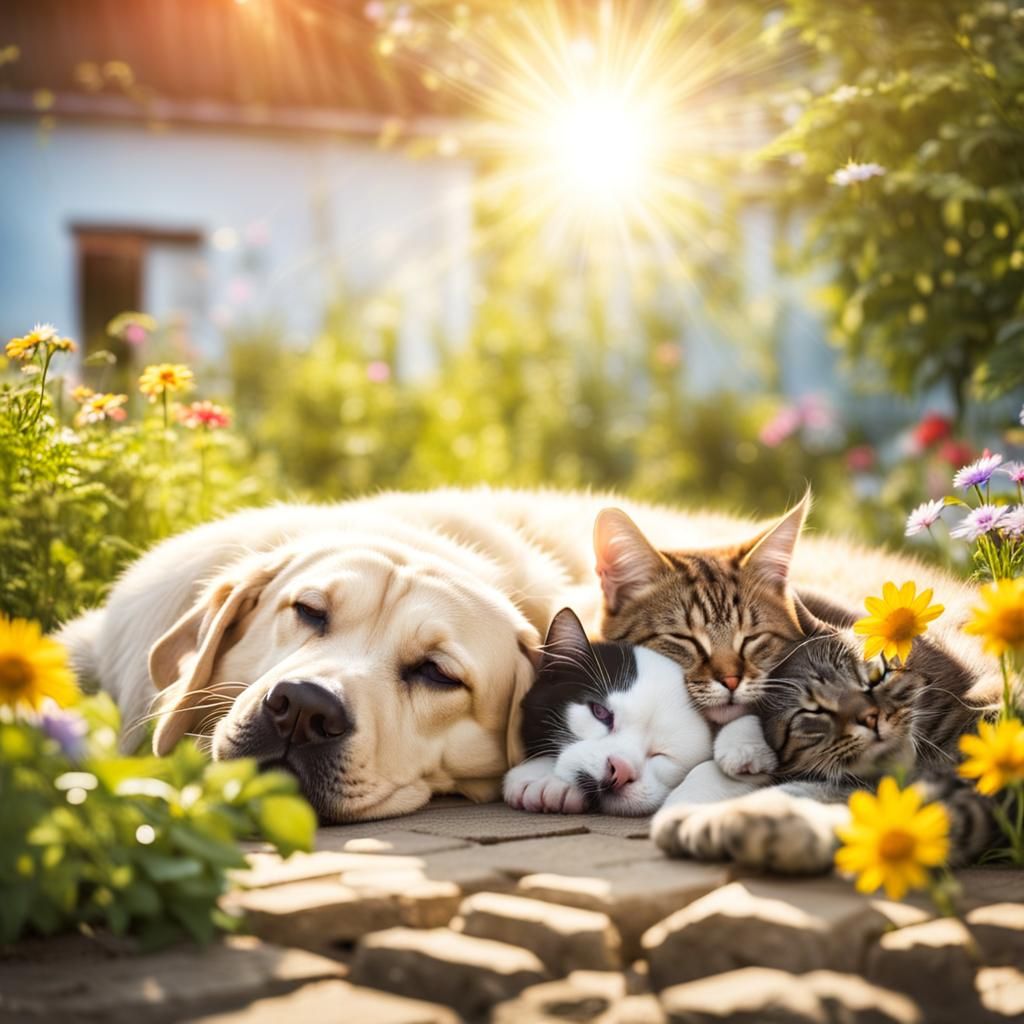 Peaceful Garden Scene: Cat and Dog Napping