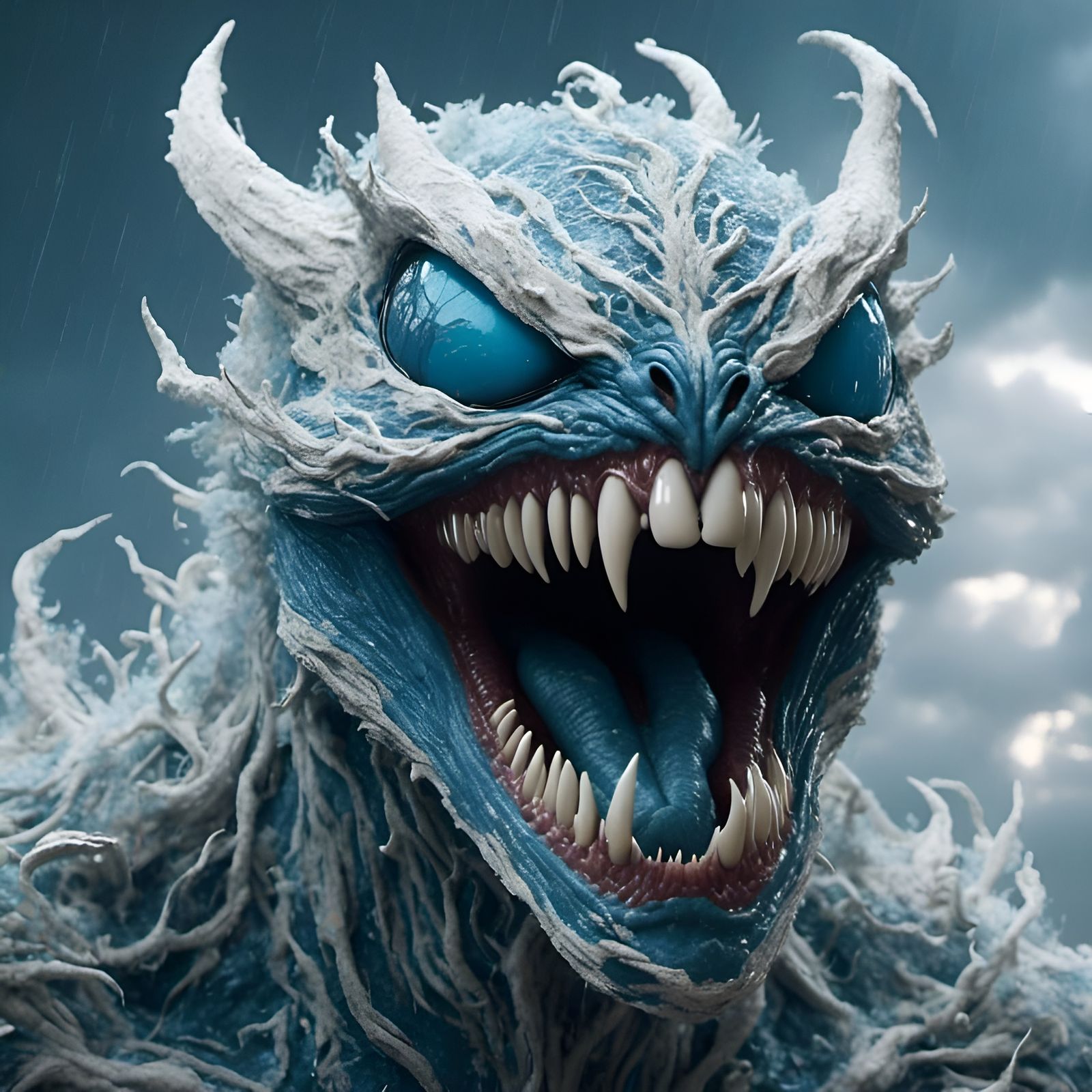 Photorealistic Venom Monster Portrait in Pastel Sky-Blue