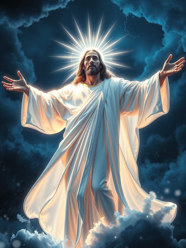 Jesus Radiates Divine Energy in Neon-Lit Robes