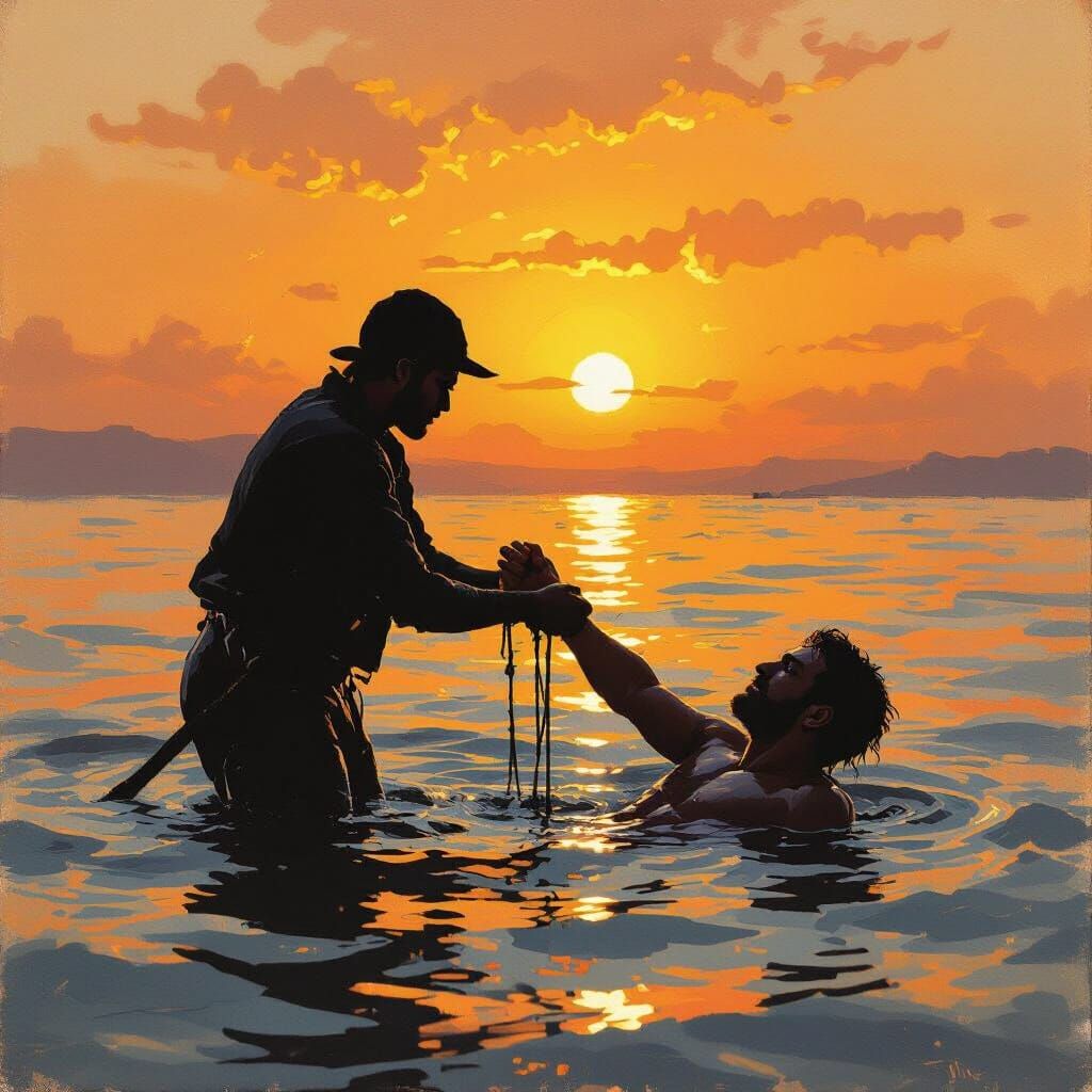 Fisherman's Silhouette Rescue: Impressionistic Art Style