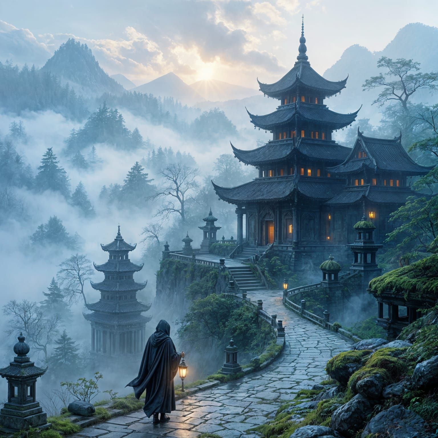 Fog Shrouded Temple: Ethereal Fantasy Scene