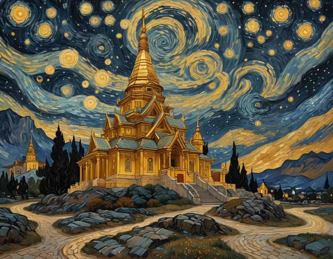 Cosmic Temple Under Swirling Starry Sky in Van Gogh Style