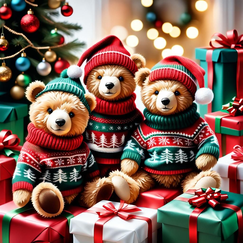 Cozy Teddy Bears on Christmas Gifts in Vibrant Holiday Style