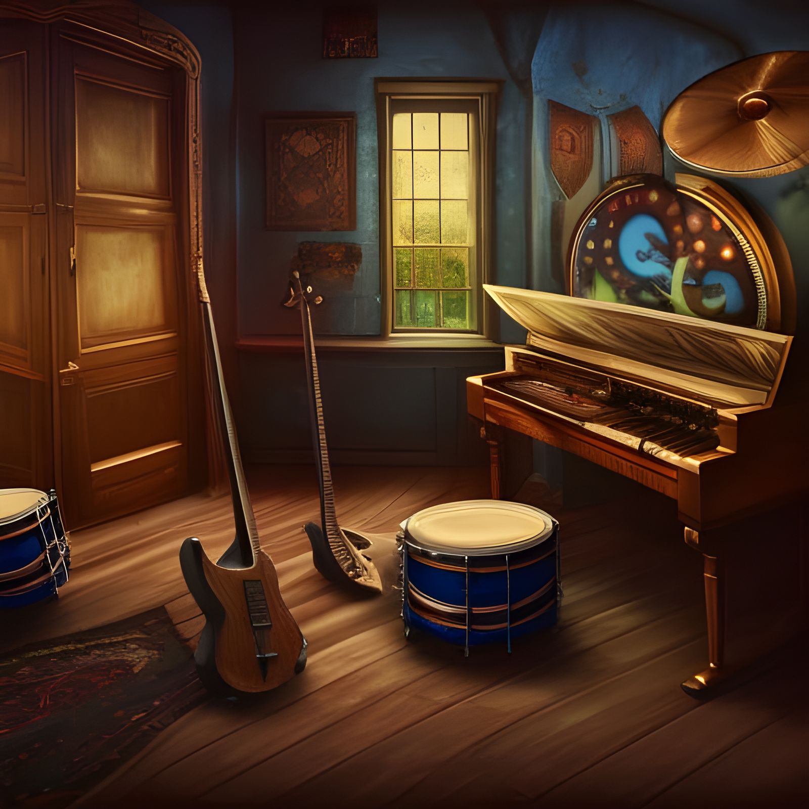 Detailed Music Studio with Drums, Fantasy Concept Art