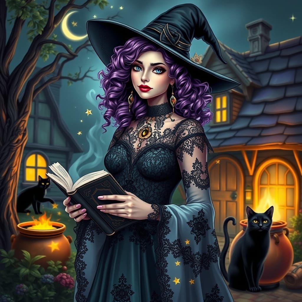 Celestial Witch with Spellbook in Neon Realism