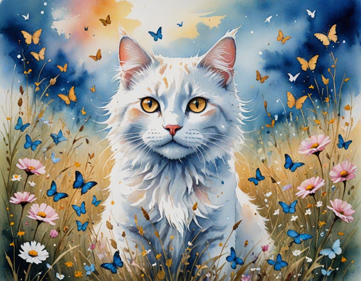 Wild Sunrise Moorland Scene with Feline and Butterflies in E...