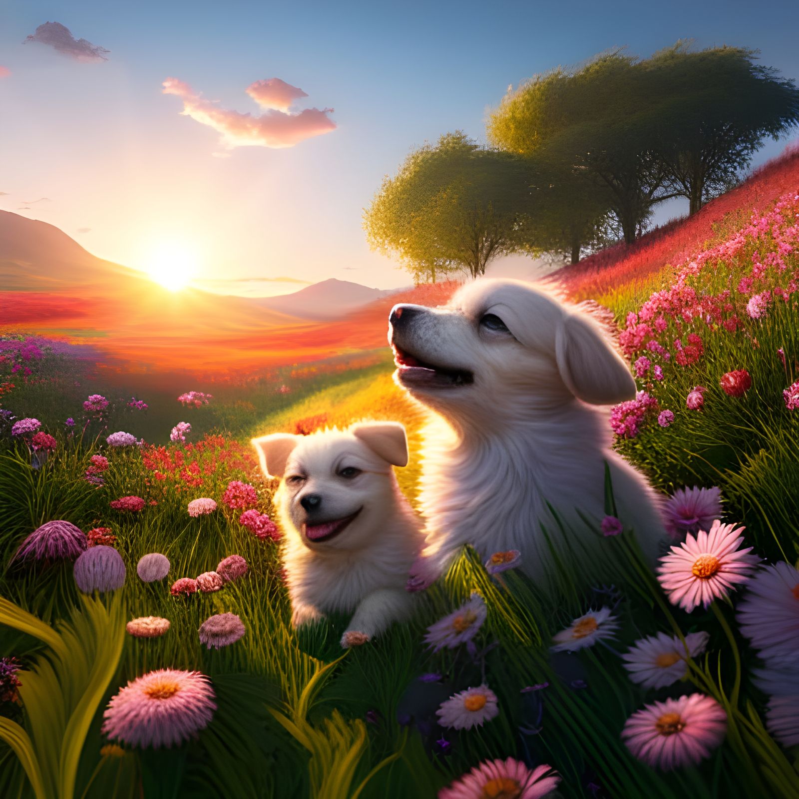 Fluffy puppies playing in a field of flowers during sunrise