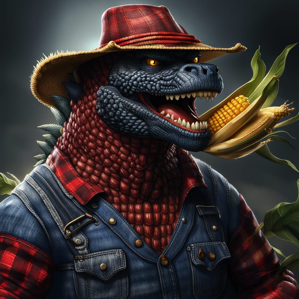 Godzilla as Redneck Hillbilly, Detailed Digital Art