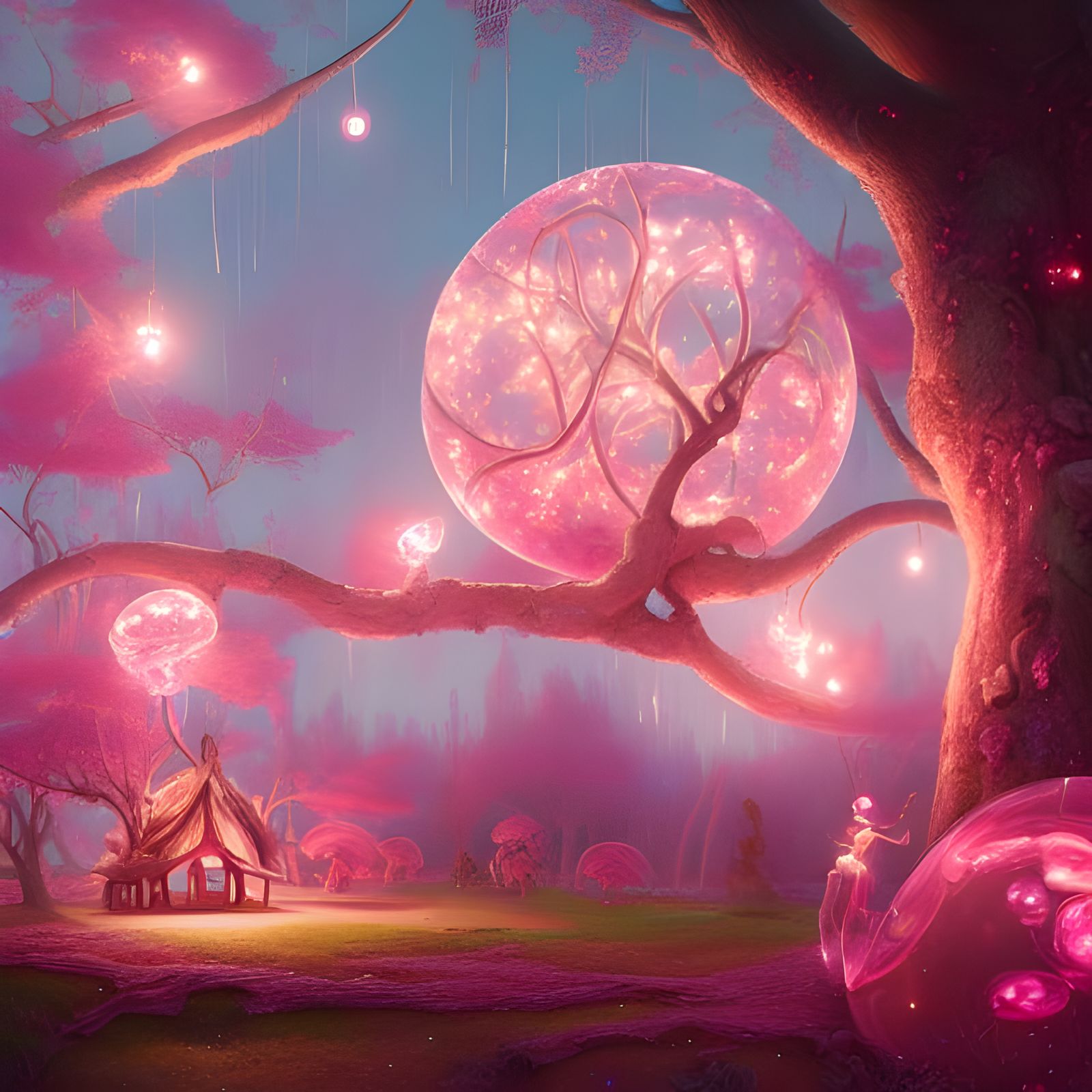 Pink Bubblegum Treehouse with Crystalline Candy: Digital Art