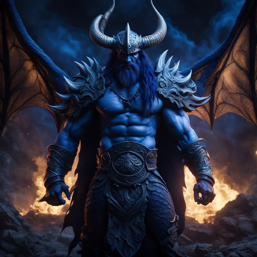 Viking and Dragon in Electric Blue Ink