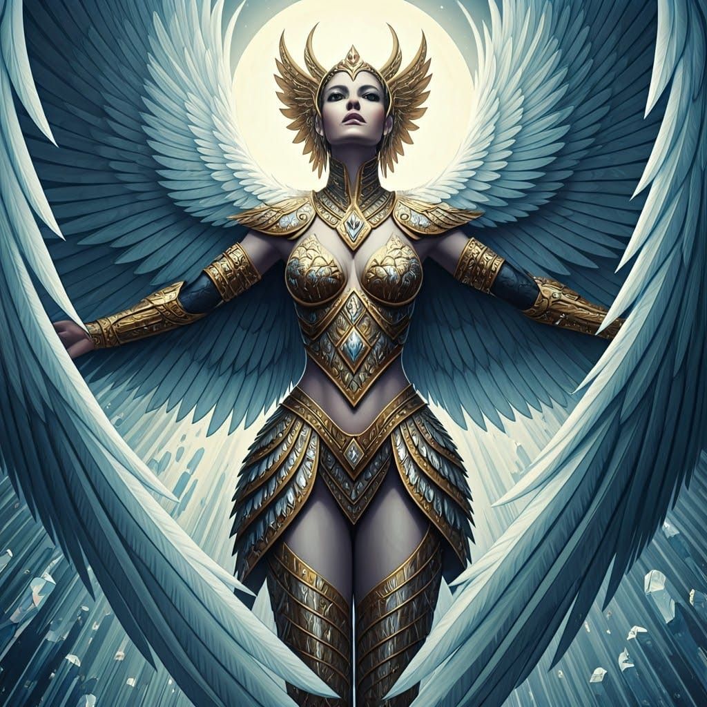 Winged Figure in Crystalline Vortex: Graphic Novel Art