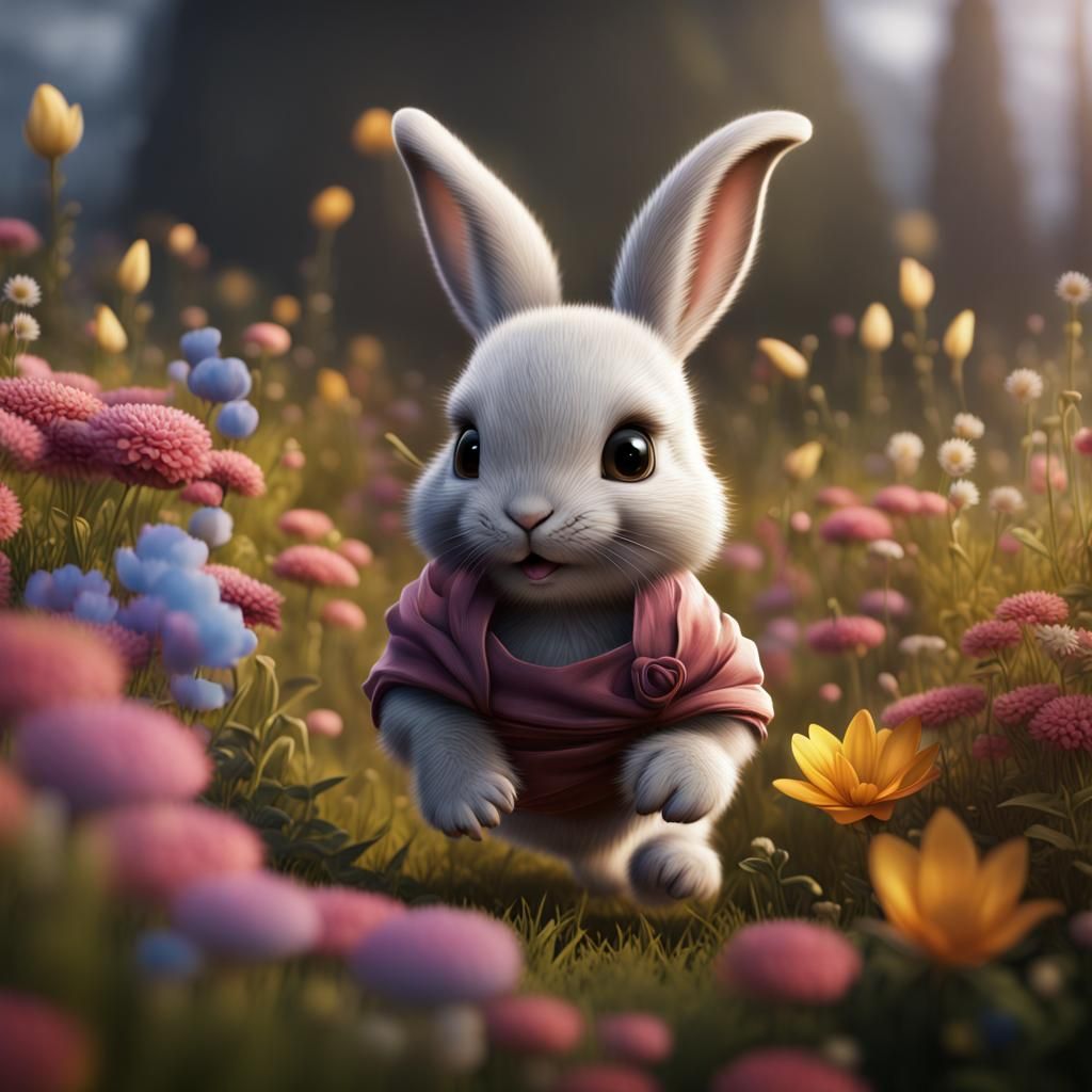 Cute Bunny Hopping Through Flower Field