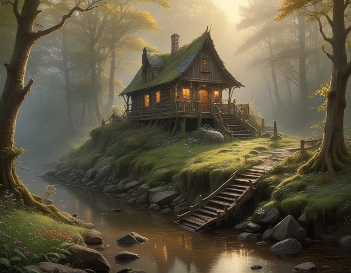 Eine unheimliche, nebelverhangene Waldlandschaft mit einer m...