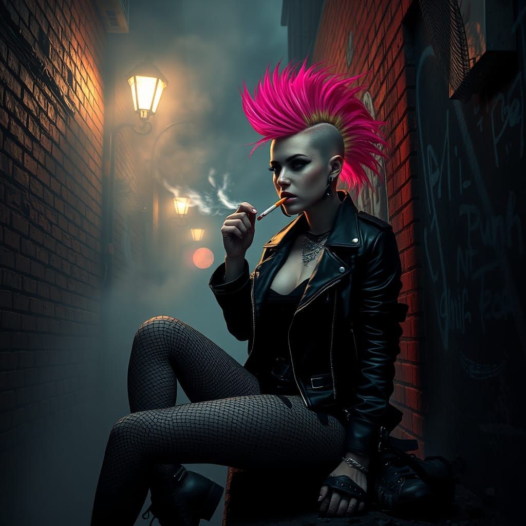 Edgy Punk Girl in Gritty Alleyway, Matte Painting