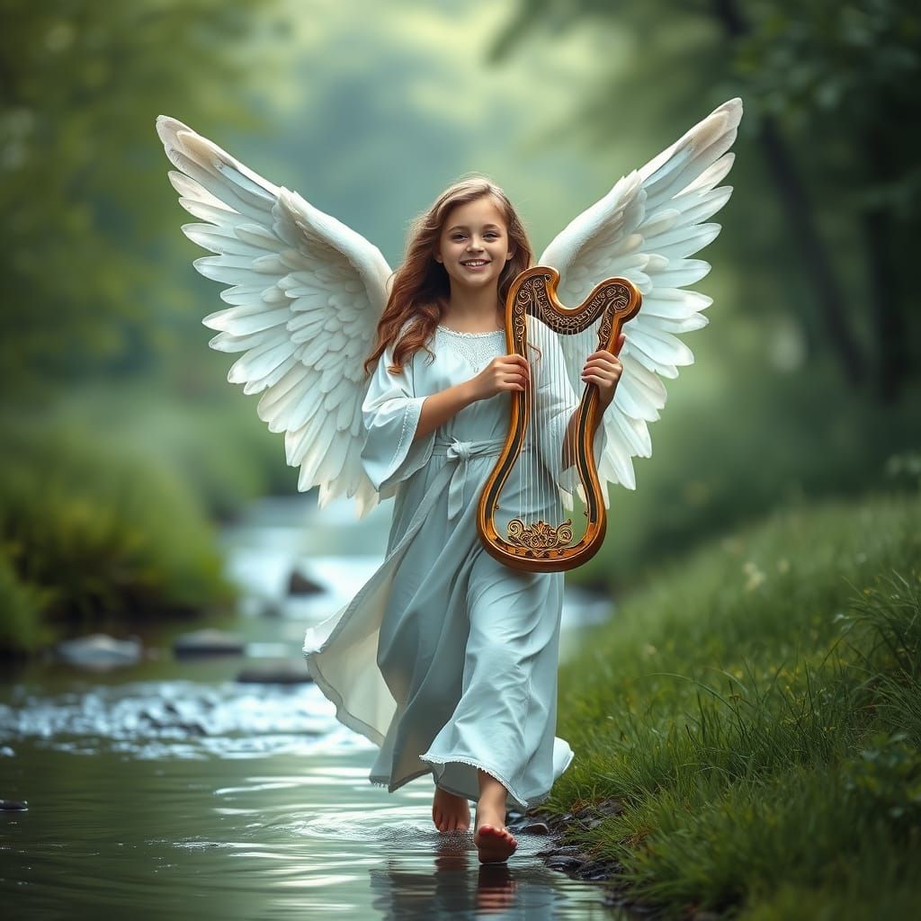 Teenage Angel Walking by Stream, Photo-Realistic Style