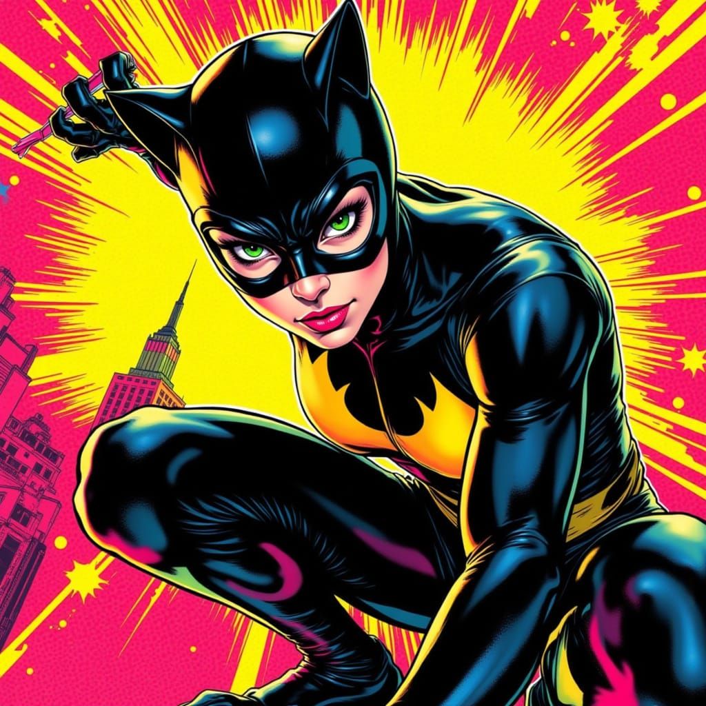 Vibrant Pop Art Catwoman Leaping in Dynamic Pose